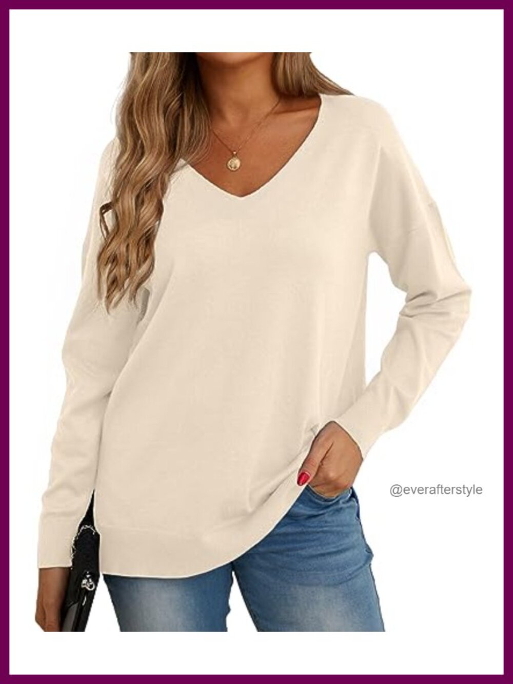 Women's Knit Pullover Sweater V-Neck Long Sleeve Side Split Loose Fit Casual